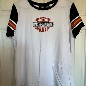 Harley-Davidson White Tee with Black and Orange Stripes